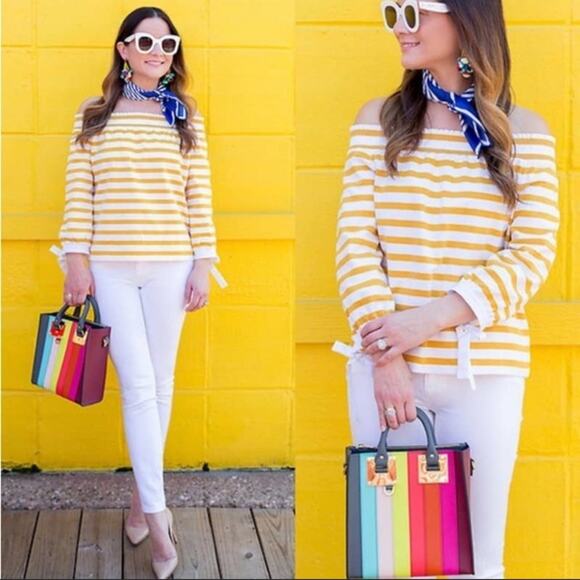 J.Crew Top Off the Shoulder Striped Tie Sleeve L - Picture 1 of 10